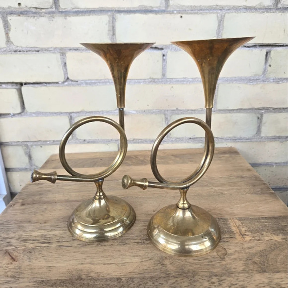 Vintage Brass Trumpet Candle Holders - Picture 1 of 7